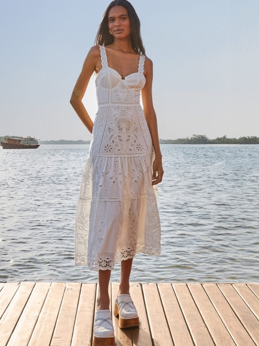 Farm Rio Sleeveless Richelieu Midi Dress